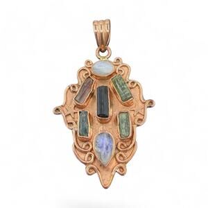Multicolor Tourmaline Moonstone Copper Shield Pendant Handmade Pink Green Black